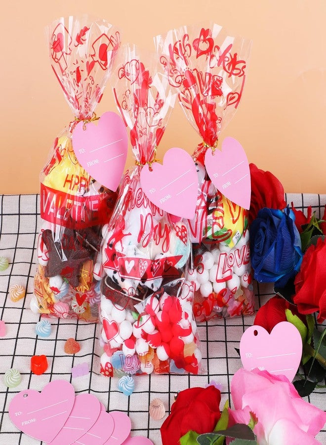 LOKIPA 150 PCS Valentines Cellophane Treat Bags with 50PCS Gift Tags Pink Heart Valentines Gift Goodie Candy Bags with 180 Pieces Twist Ties for Valentines Party Favor Supplies - Image 5